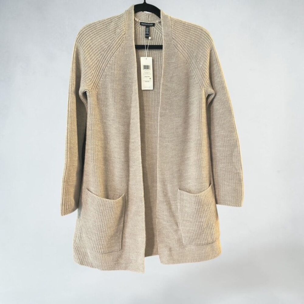 NWT Eileen Fisher Raglan Cardigan 100% Wool Sweater Taupe XXS XXS/TTP MSRP $348